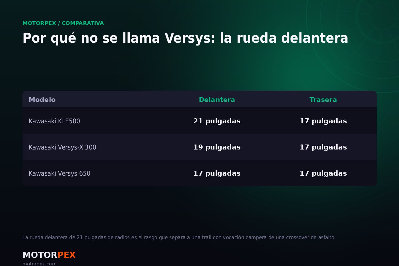 Comparativa del tamaño de rueda delantera entre la Kawasaki KLE500 y las Versys
